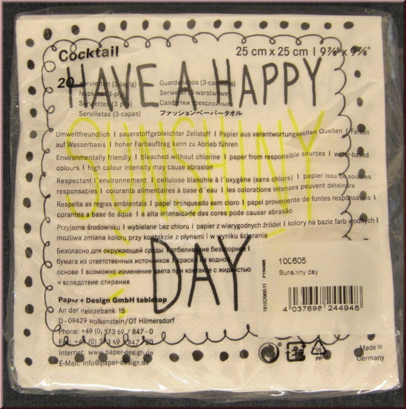 Cocktail-​Servietten "HAVE A HAPPY SUNSHINY DAY", von Paper+Design, 20 Stück